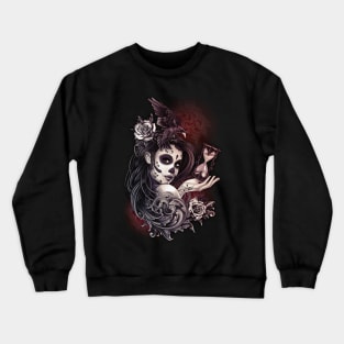 Sugar Skull day of the dead Girl with Crow Roses Crewneck Sweatshirt